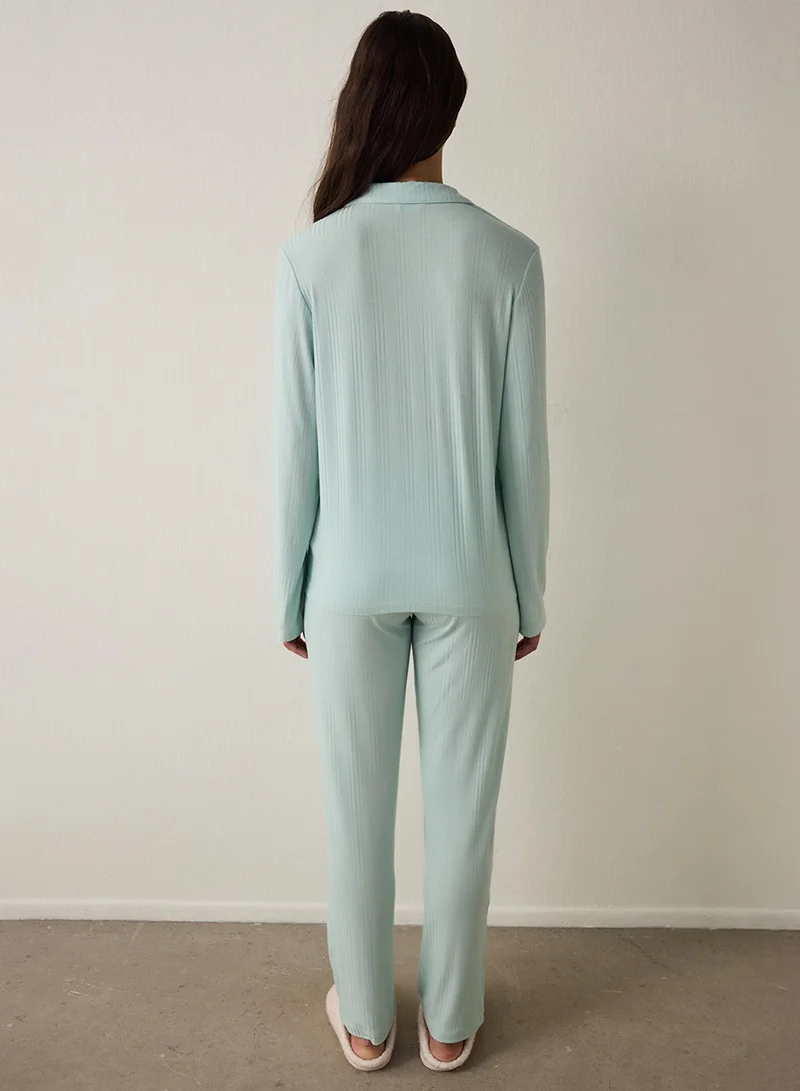 Penti Ribbed Shirt Collar Buttoned Long Sleeve Sustainable Viscose Pajama Set